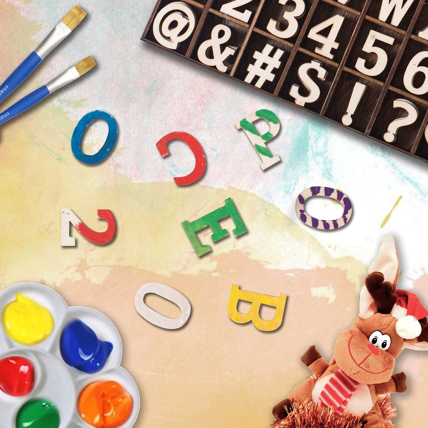 270 Pieces 1 Inch Wood Alphabet Letters Wooden Numbers Mini Blank Symbols Unfinished Heart Star Paw with Rustic Storage Tray for Home Decor Spelling Education Homemade Crafts Party Gifts