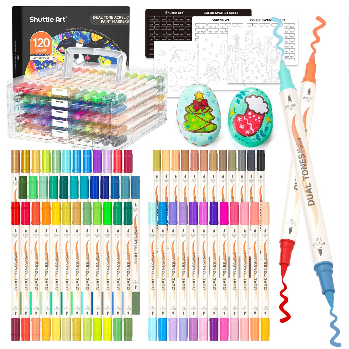 Shuttle Art 120 Colors Dual Tone Acrylic Paint Markers, 60 Pack Acrylic Paint Pens Set for Rock Painting, Ceramic, Wood, Canvas, Glass, Stone, Fabric, Card Making, DIY Crafts & Art Supplies