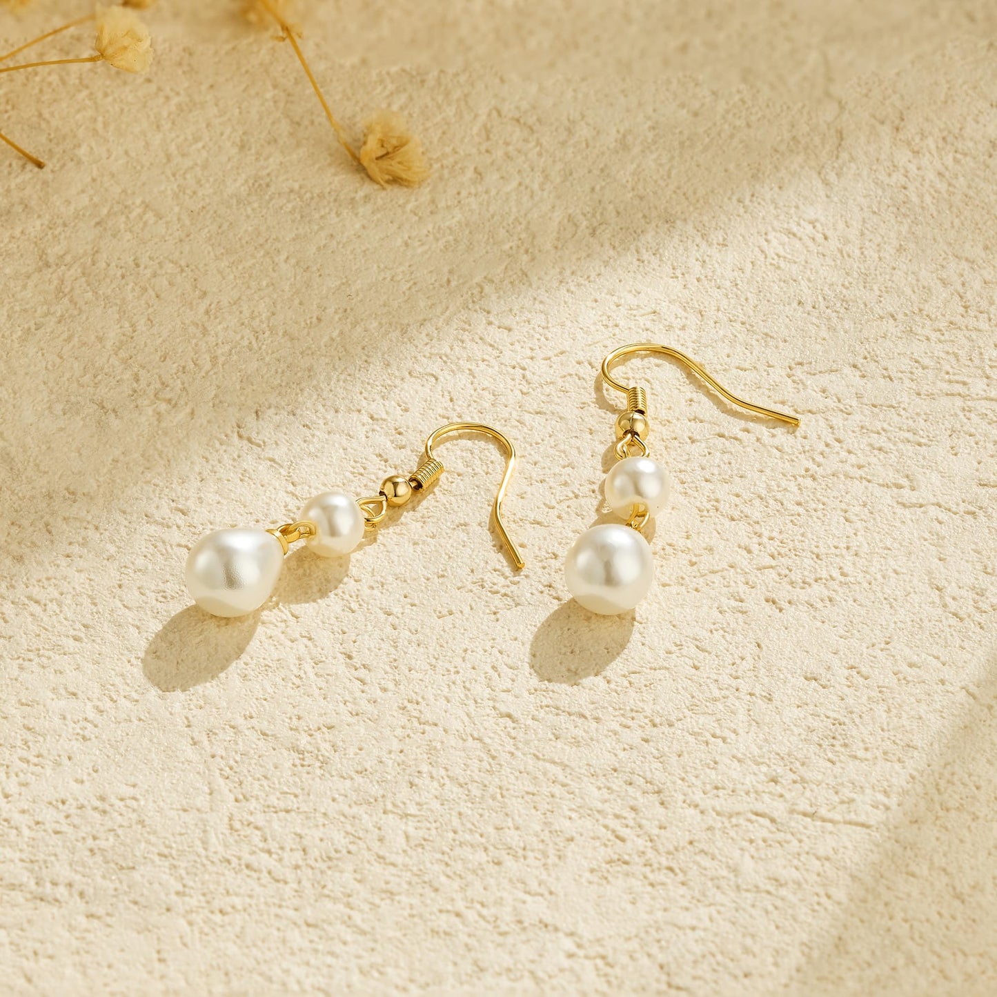 Freekiss Gold Pearl Earrings for Women: Trendy Gold Earrings 14K Gold Filled Lightweight Double Pearl Drop Earrings Simple Wedding Earrings Non Tarnish Jewelry for Women