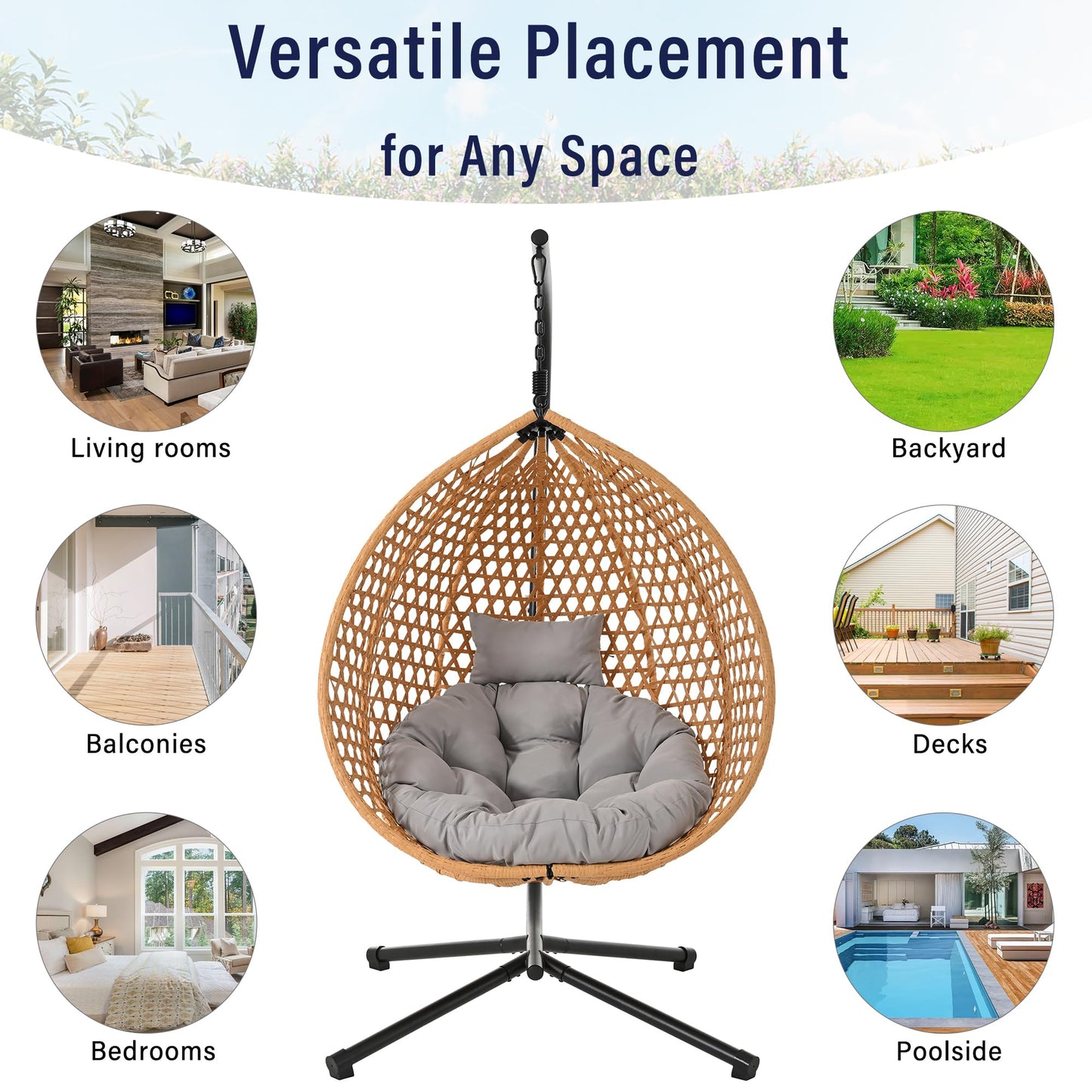 GDFStudio Hammock Chair with Stand, Rattan Weave Hanging Egg Chair with Cushion, Iron Frame Swing Ceiling Chair for Indoor Outdoor Patio Balcony Porch Garden, Patio Furniture, 330lbs, Brown+Gray