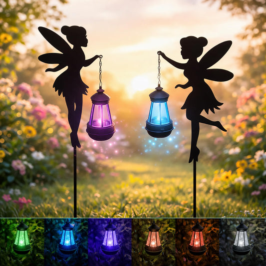 Solar Fairy Garden Accessories Outdoor 1 Pair - Metal Stakes Decorative Figurines Housewarming Ornament for Patio, Lawn, Yard, Pathway - Unique Gift Ideas for Mom Grandma (Type B Color-Shifting)