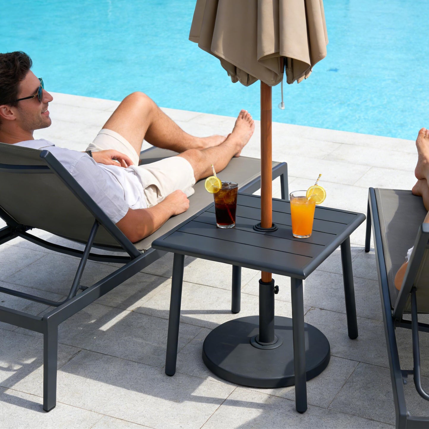 UFavo Home Small Metal Outdoor Side Table with Umbrella Hole Set of 2, Sqaure Patio Coffee Bistro Table End Table, Umbrella Table with Hole for Poolside Yard Porch Deck Balcony,19.7x19.7 inches, Gray