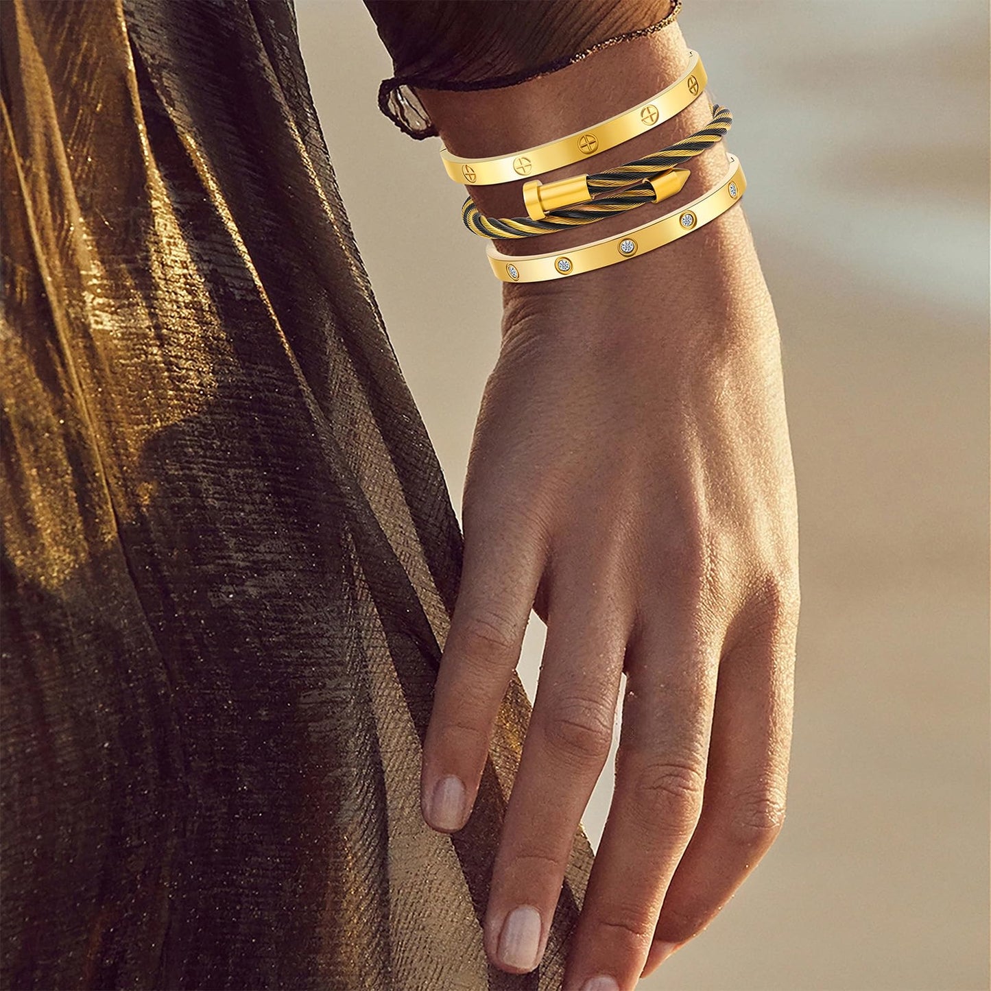 Camhanno Gold Bracelets for Women - Stackable Bangles with Friendship & Love Theme - Stainless Steel Jewelry Gift for Her (Style 10)