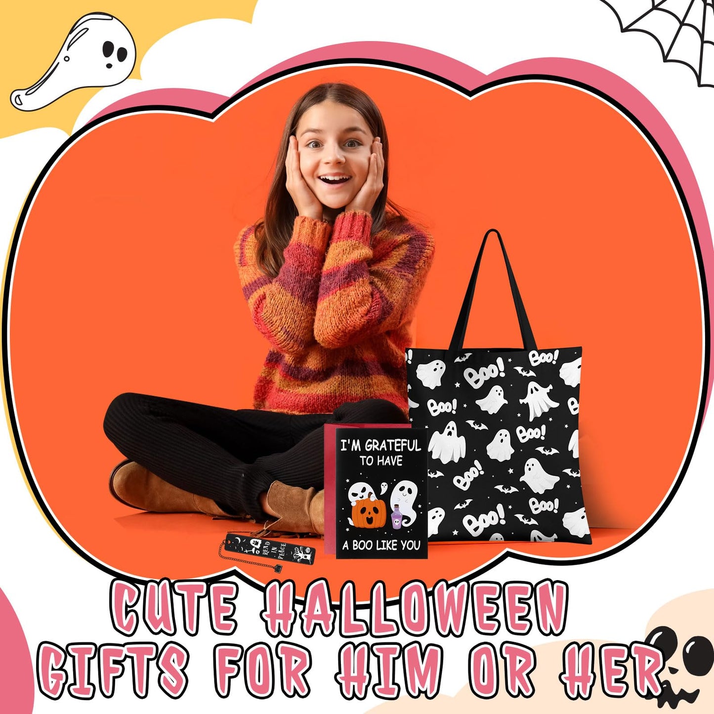 Paterr 5 Pcs Halloween Boo Basket Gift Set Spooky Tote Bag Cute Bookmarks Ghost Socks Bat Scrunchy Greeting Card Boo Basket Stuffer for Women