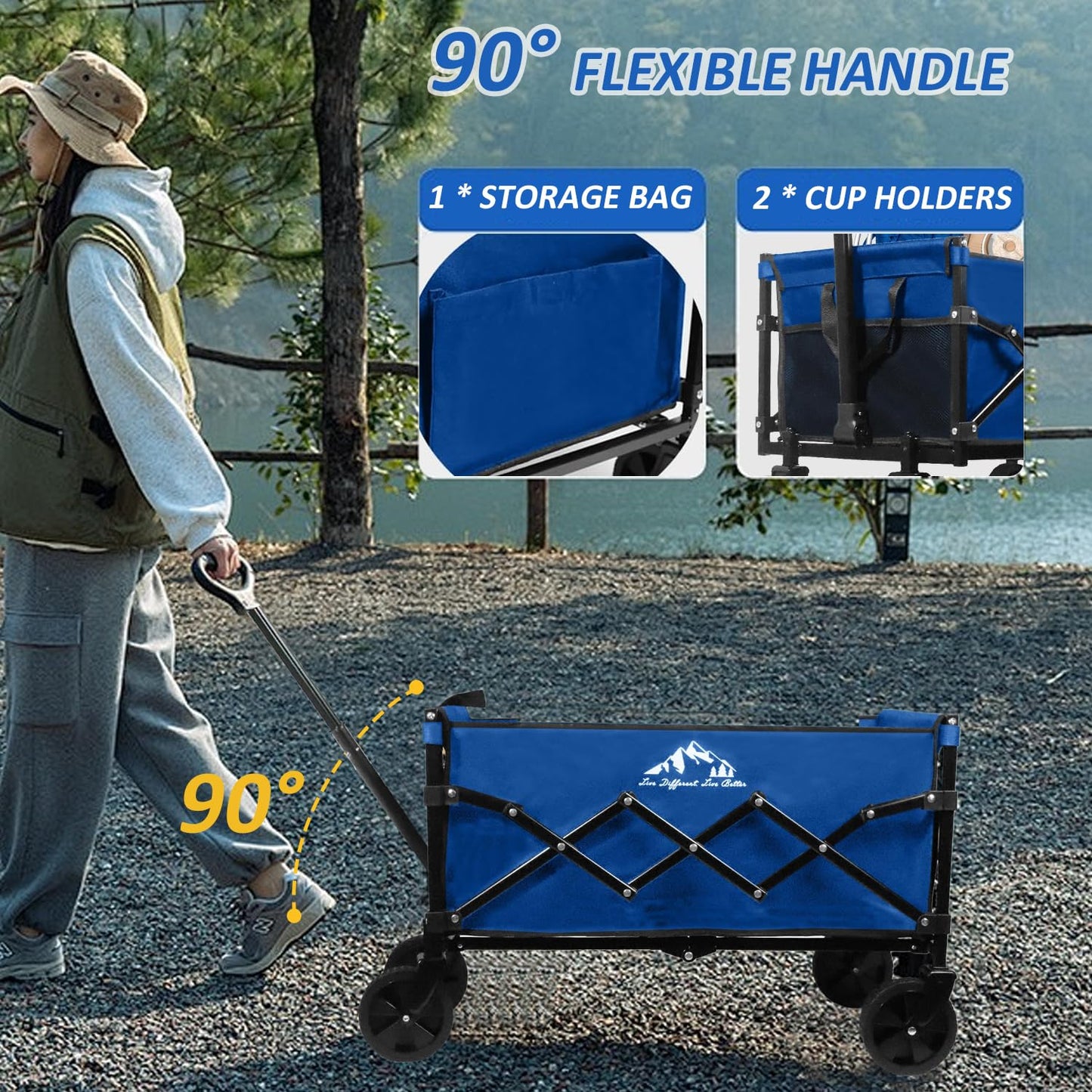 VOYSIGN Collapsible Wagon Folding Utility Cart, Beach Wagon 352LBS Heavy-Duty with Adjustable Handles, 5" Quiet Swivel Wheels, Lightweight (11lbs) for Groceries, Camping, Moving, Blue