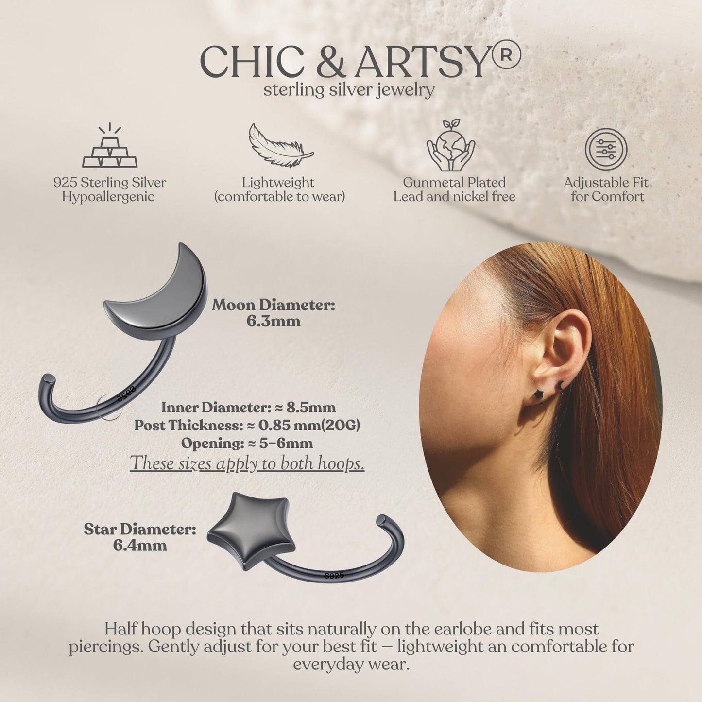 CHIC & ARTSY Backless Earrings for Women 925 Sterling Silver Half Huggie Hoop Earrings Ardant Stay Close Hoops Black Star Moon No Back Earrings Set Everyday Earrings