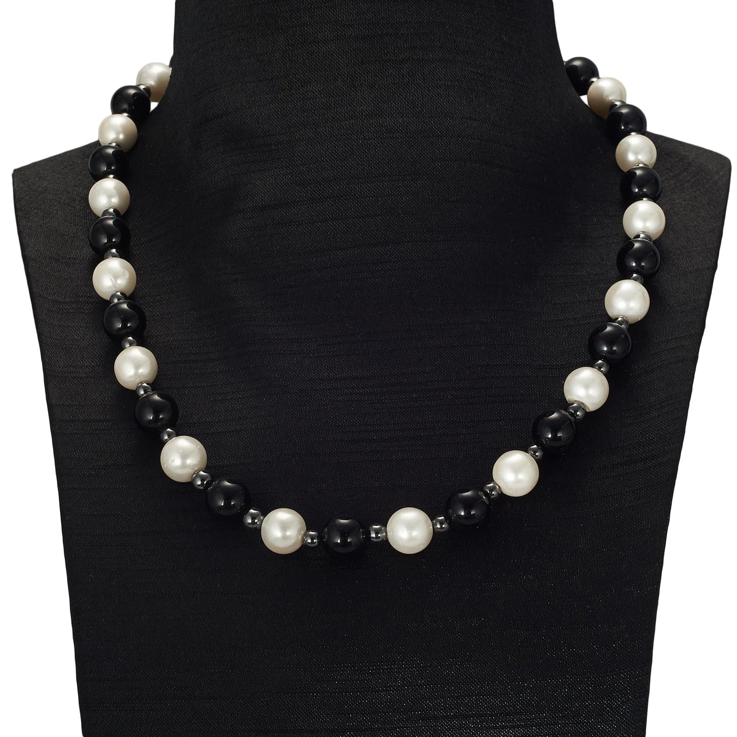 Pearl & Black Onyx Necklace Hematite Necklace10mm Pearl Crystal Handmade Choker Bead Necklace Gifts for Family Friends Men Women Unisex 20"