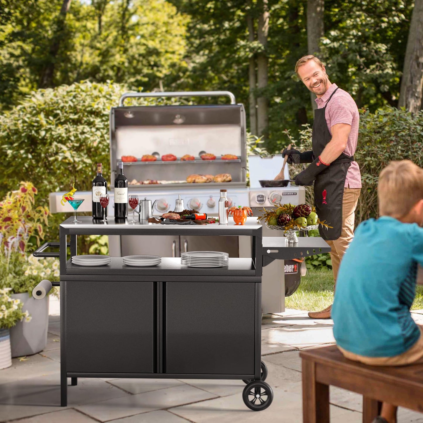 MUHYHY Outdoor Grill Table with Storage, Movable Outdoor Grill Cart, Stainless-Steel Tabletop Outdoor Kitchen Island, Patio Kitchen Island BBQ Cart with Wheels for Home BBQ Backyard Party