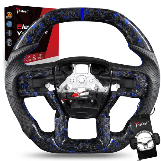TESFEEL Heated Forged Carbon Fiber Steering Wheel for Ford F150 Raptor 2017-2020 (Gen 2), Double D-Shape Design, Blue Foil Accents with Matching Trim, Blue Stripe&Stitching, Fits Paddle Shifter Models