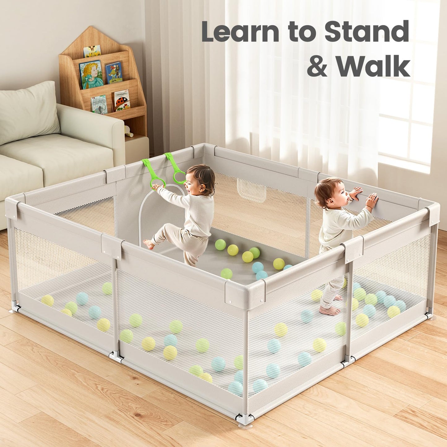 ZEEBABA Extra Large Baby Playpen - Playpen for Babies and Toddlers, Play Pen with Gate, Play Yard Baby Fence Play Area Zone Indoor, Sturdy Kids Play Pin (Gray, 69×59in)