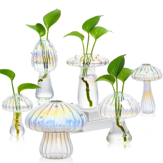 Plant Propagation Station, Set of 6 Clear Mushroom Vase, Propagation Stations, Small Plant Terrarium, Unique Crystal Mushroom Jars for Plants for Hydroponics Home Garden Office Decoration (Clear)