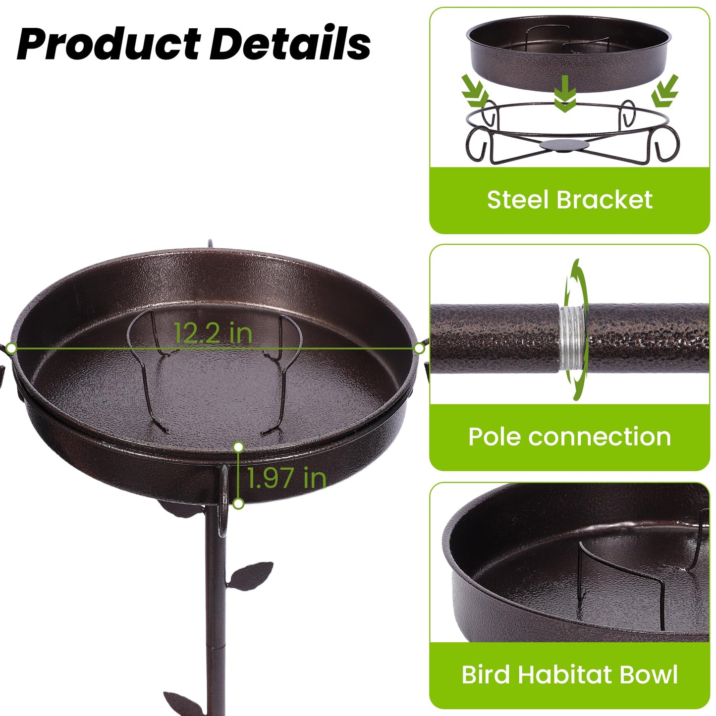 NestShld 35 in Metal Bird Bath for Outside,12 in Dia Bowl with Upgraded 5-Pronged Base,Freestanding Bird Feeder Stand for Patio,Lawn,Garden