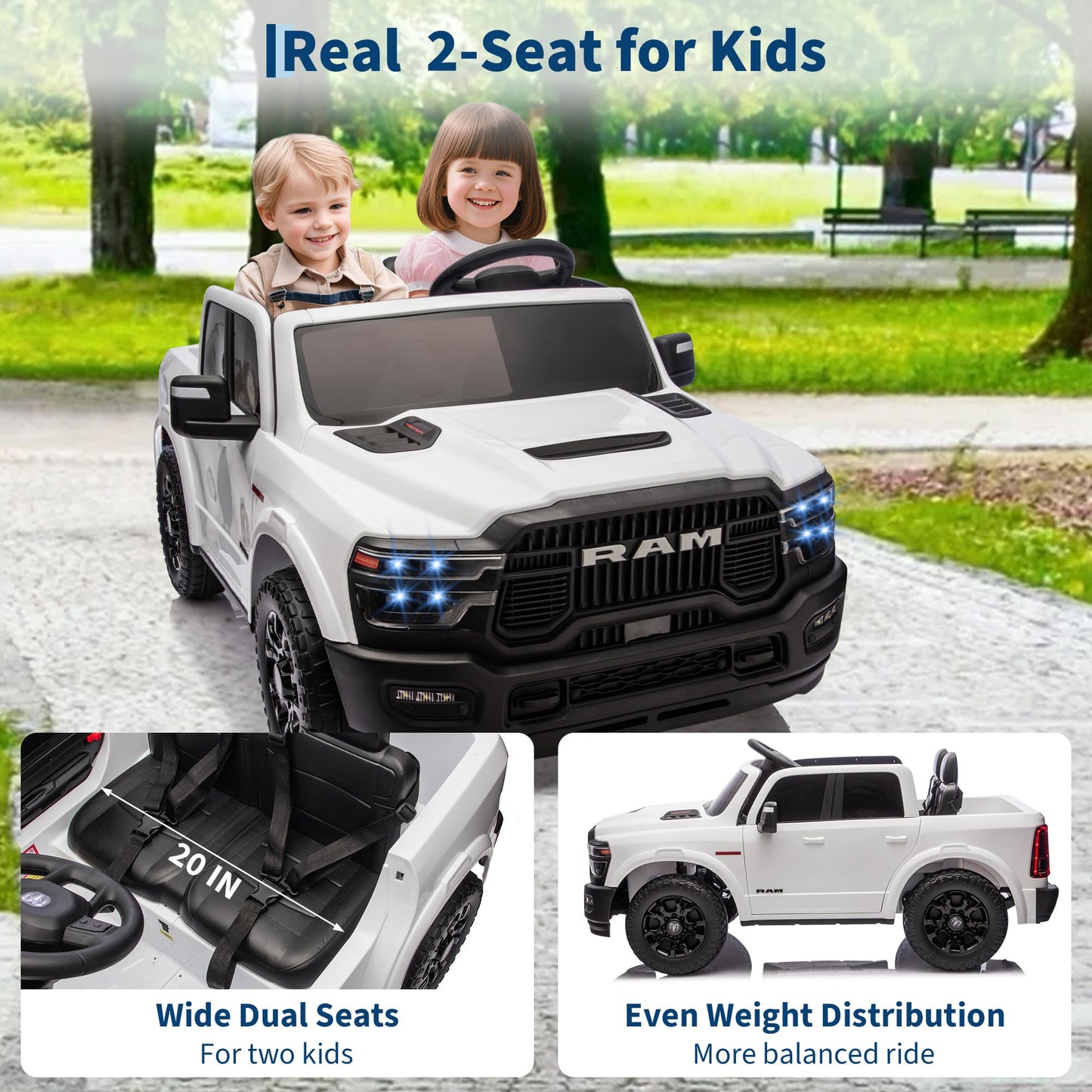 Licensed RAM 2500, 2 Seater Electric Car for Kids, 24v Ride on Truck w/Remote Control, Toddler Ride on Toys w/Bluetooth, Spacious Truck Bed, 3 Speed, LED Lights, Suspension, Gifts for Boys Girls