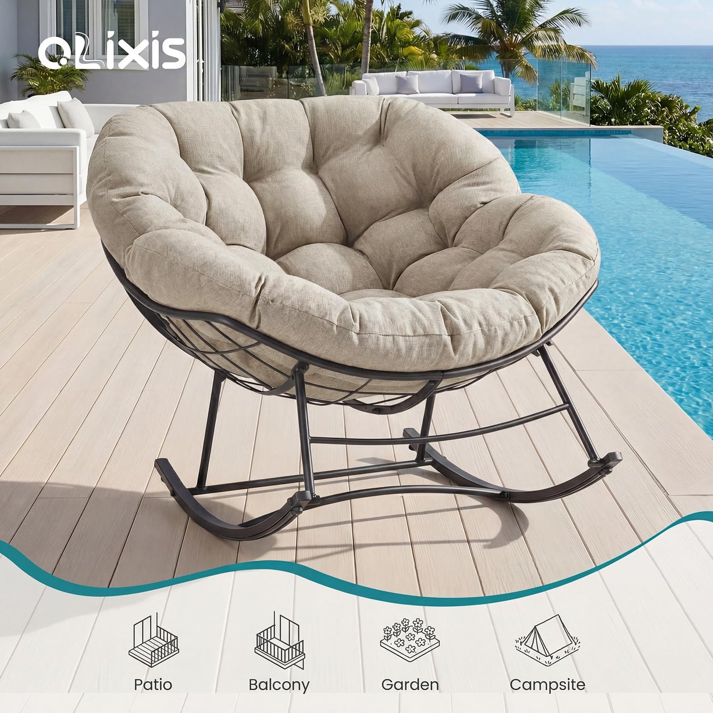 OLIXIS Outdoor Rocking Chair with 5.5" Thick Cushion, Oversized Egg Lounge Chair with Water-Repellent & UV-Resistant Fabric, 450 Lbs Heavy Duty for Patio, Living Room, Garden, Bedroom, Beige