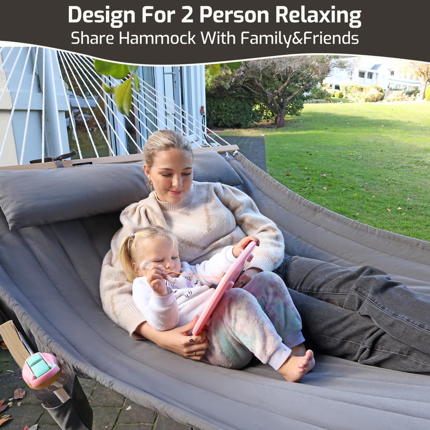 CHULIM Double Quilted Fabric Hammock with Hardwood Spreader Bars and Pillow 450 LBS Capacity 2 Person Large Hammock for Outdoor Patio Backyard Poolside - Terracotta