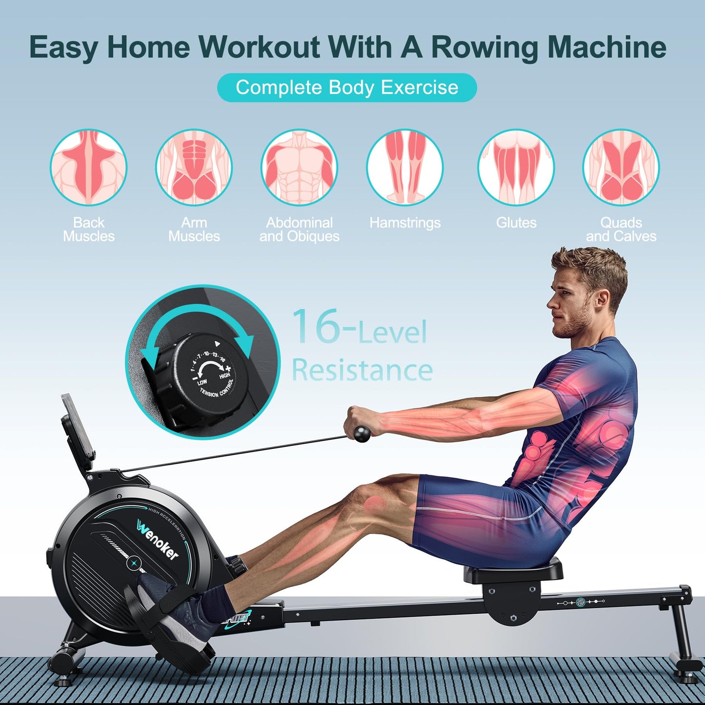Rowing Machine,Wenoker Magnetic Rower Machine for Home,350 LB Weight Capacity, 16 Levels of Workout Resistance,Smooth Whisper Quiet with LCD Monitor Tablet Holder & Comfortable Seat Cushion,Blue