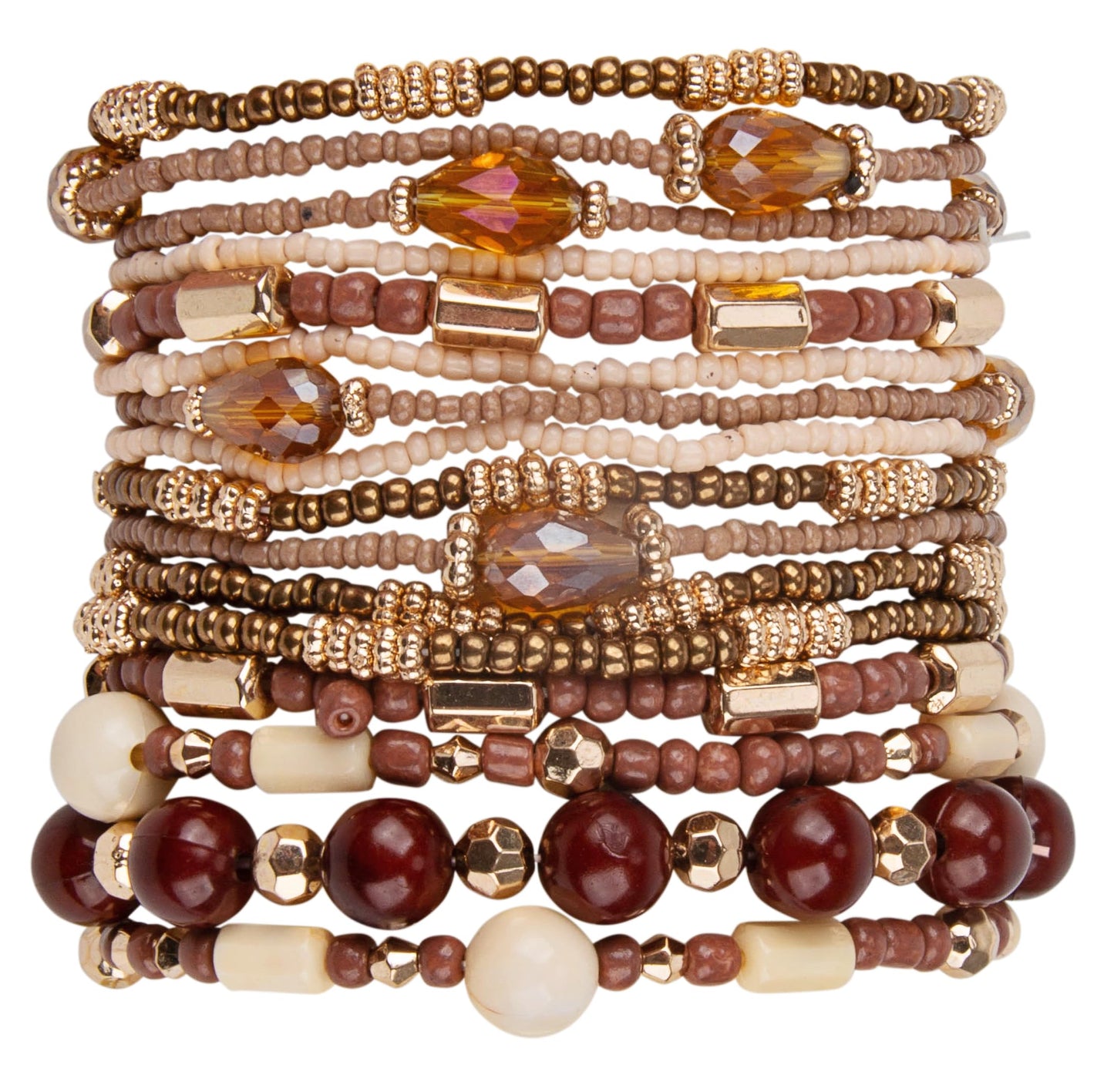 SPUNKYsoul "Naomi Stretch Bracelet Stack | 16 Individual Beaded Stretch Bracelets | Neutral Earth Tone Boho Layered Jewelry Set (Brown & Gold)