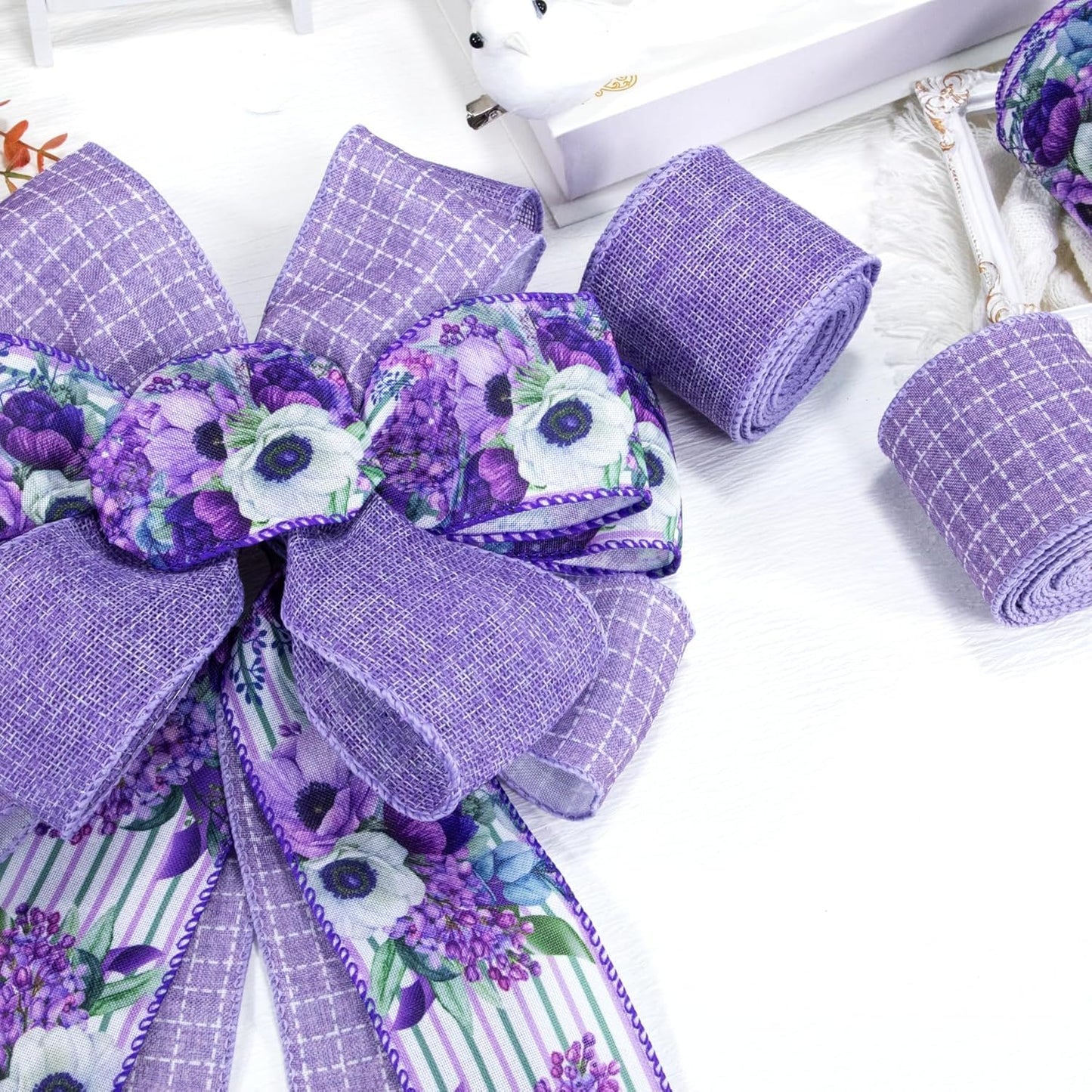 Spring Summer Purple Floral Wired Ribbon, 2.5 InchX 15 Yards Burlap Ribbon for Wreath, Bows, Gift Wrapping, Mother's Day, Wedding & DIY Craft (Purple)