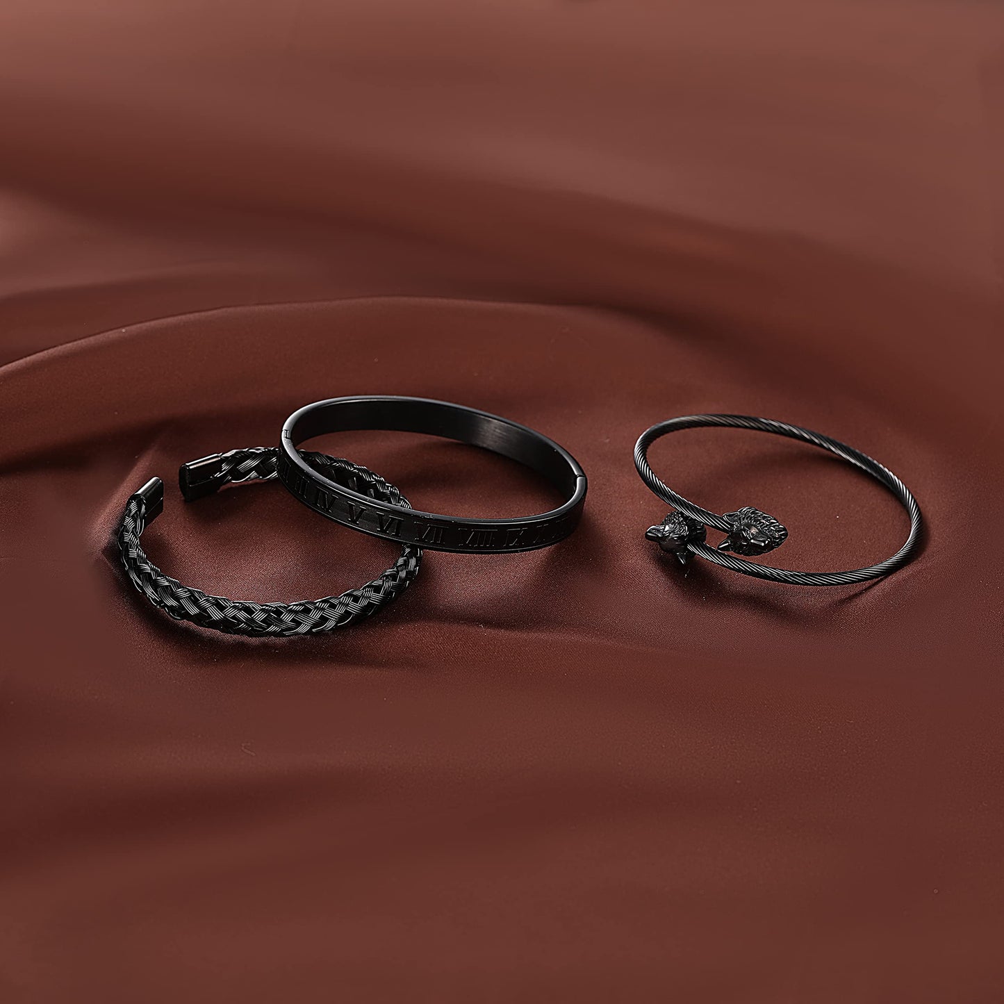 WFYOU 3PCS Stainless Steel Bracelets for Men Gold Roman Numeral Bangle Bracelet Twisted Cable Bracelet Adjustable Cuff Bracelet Mens Luxury Jewelry Bracelets Gifts(M:Black)
