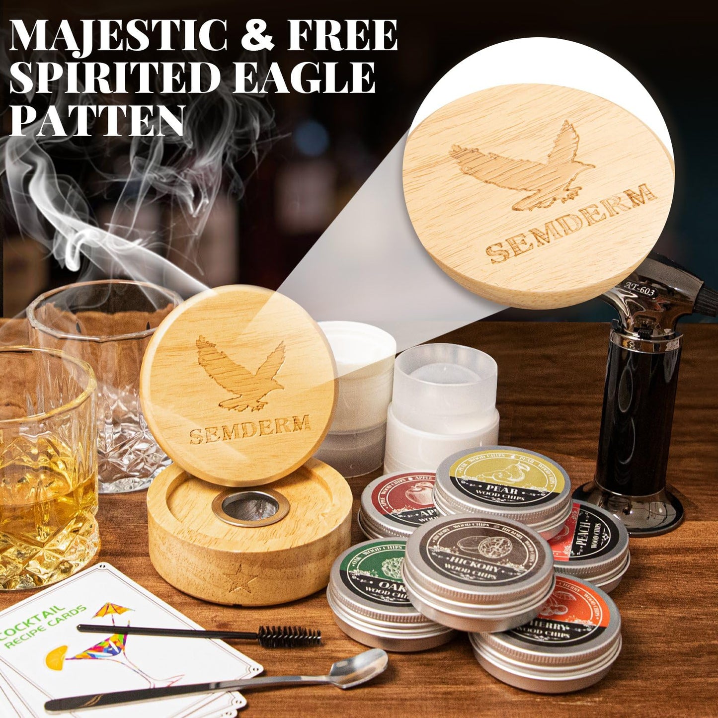 Bourbon Whiskey Smoker Kit with Torch - Old Fashioned Cocktail Smoker Kit with 2 Whiskey Glasses, 6 Wood Chips - Valentines Anniversary Birthday Gifts for Men Dad Husband Boyfriend (No Butane)