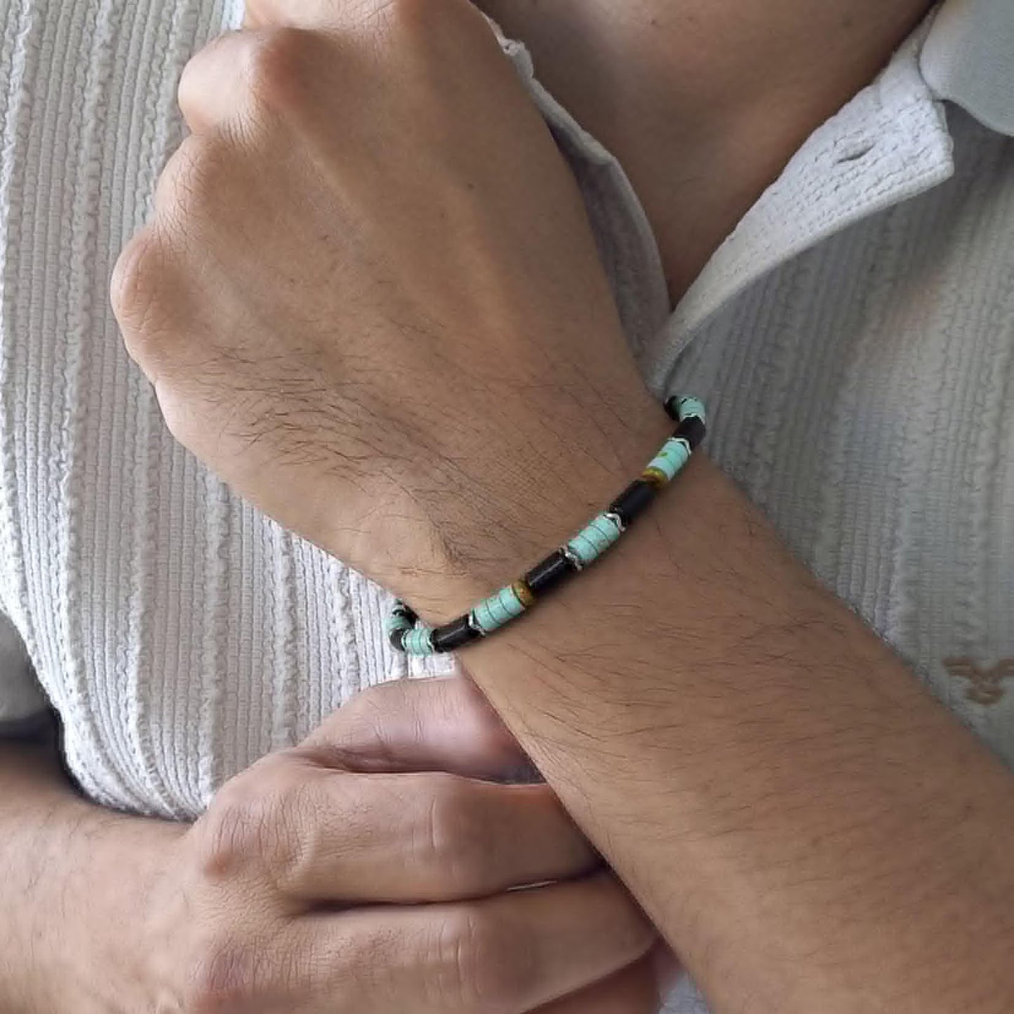 Sunongxin Turquoise Bracelet, Handmade Bead Bracelet with Tiger Eye Obsidian Hematite for Stone Jewelry, Healing bracelets for Men Women