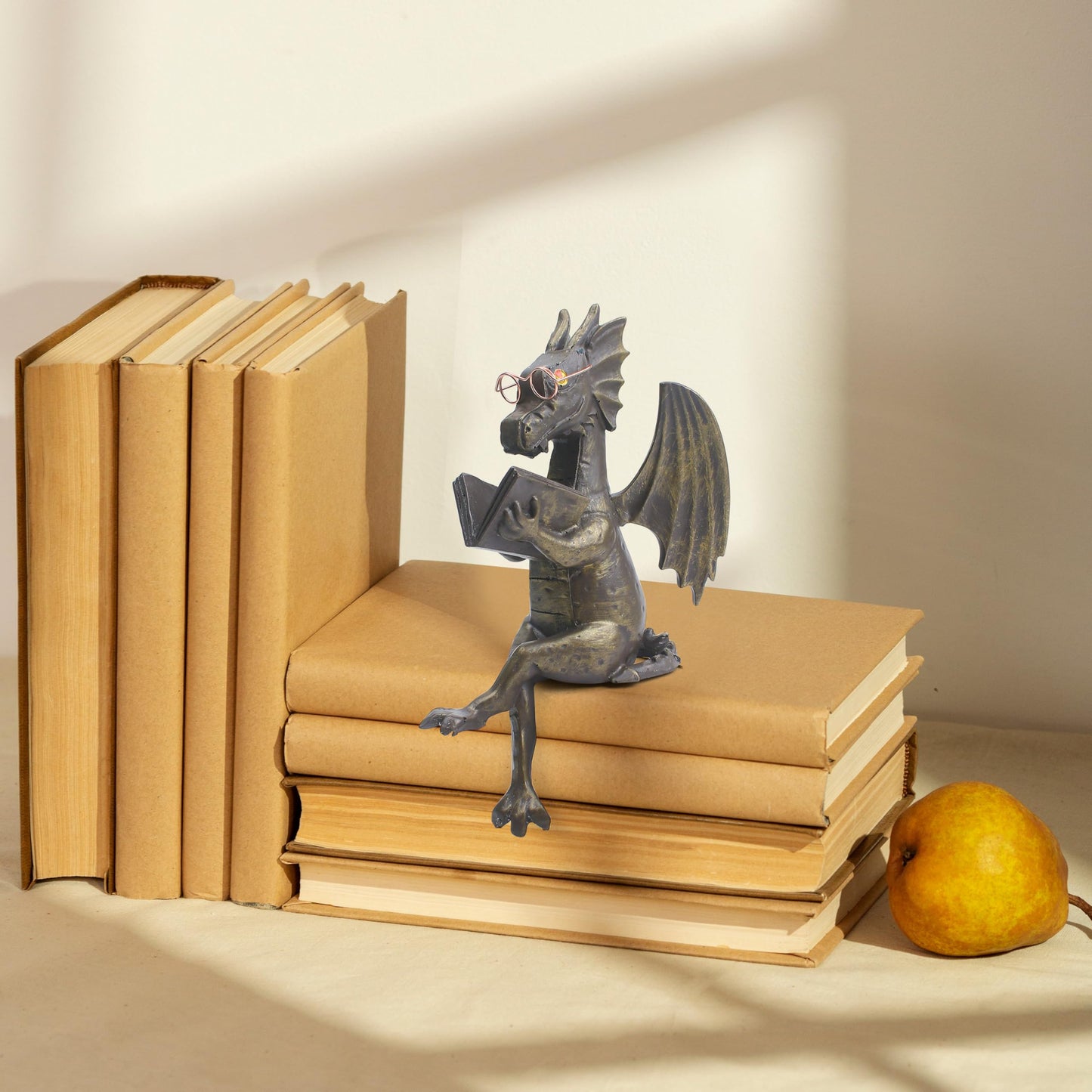 Dragon Reading Book Statue Figurine Sculpture, Wearing Glass Dinosaur Mini Cute Small Creative Ornament for Garden Bookshelf Decorations Adult Shelf Home Landscaping Outdoor Desktop Housewarming