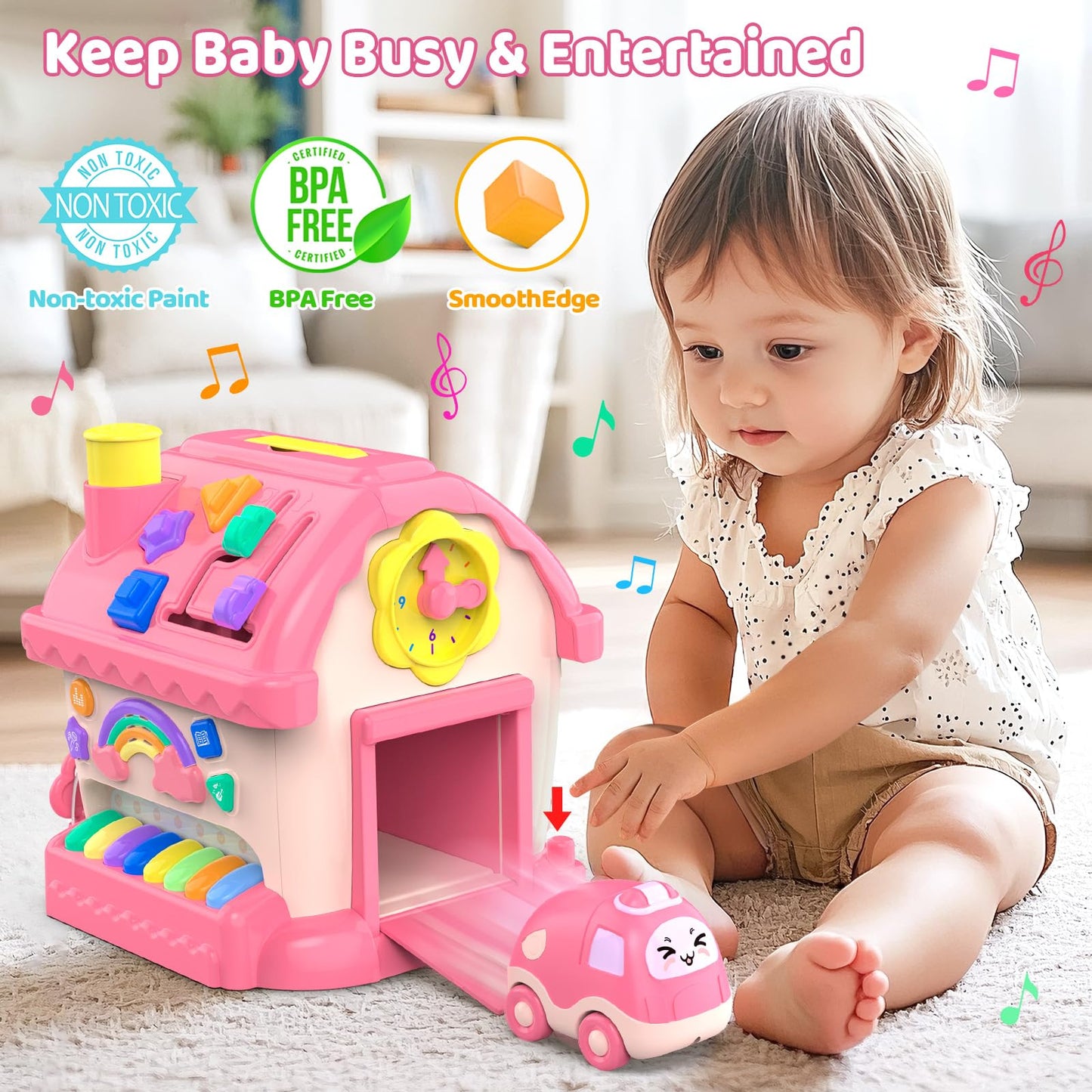 Fidecexv Toddler Toys for 1 Year Old Girl Gifts, 12-in-1 Montessori Musical House Toddler Learning Toys for 1-2, 1st First Birthday Gifts Baby Girl Boy Gift Toys 6-12 12-18 Months, Pink