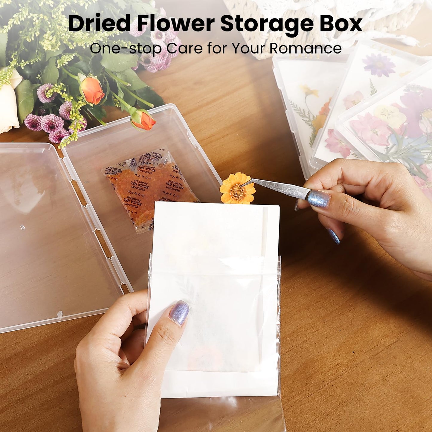 Aboofx 4PCS Dried Flower Storage Set with Blotting Paper, Ziplock Bag and Desiccant, Flower Preservation Kit - Good Seal, High Capacity to Keep Flowers Color and Dry (6.3 x 4.3 inch)