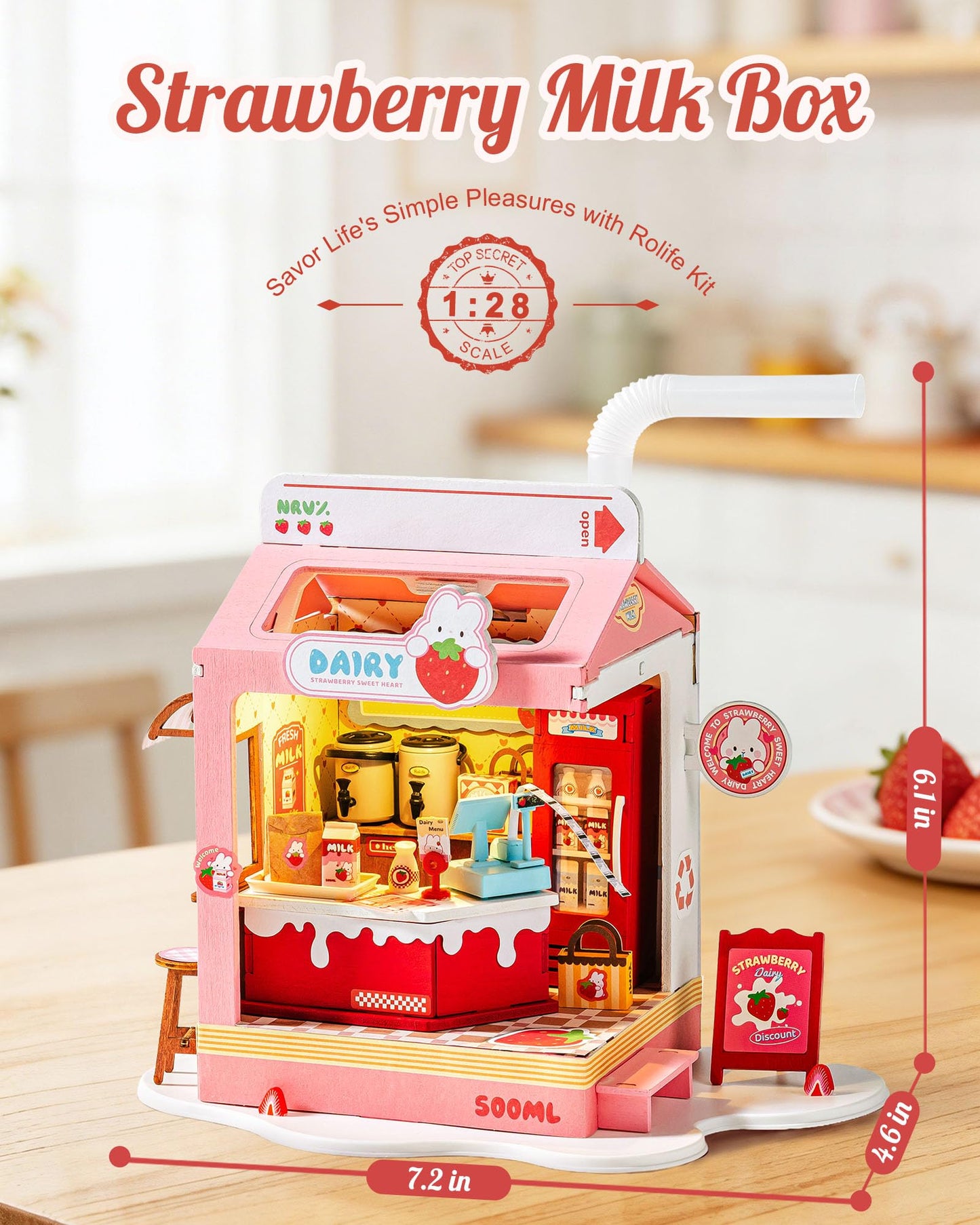 Robotime DIY Miniature House Kit, 1:28 Scale Tea Shop Scale Diorama Dollhouse with LED Lights, 3D Wooden Puzzle for Adults, Creative Crafts & Unique Gift for Craft Enthusiasts (Strawberry Milk Box)