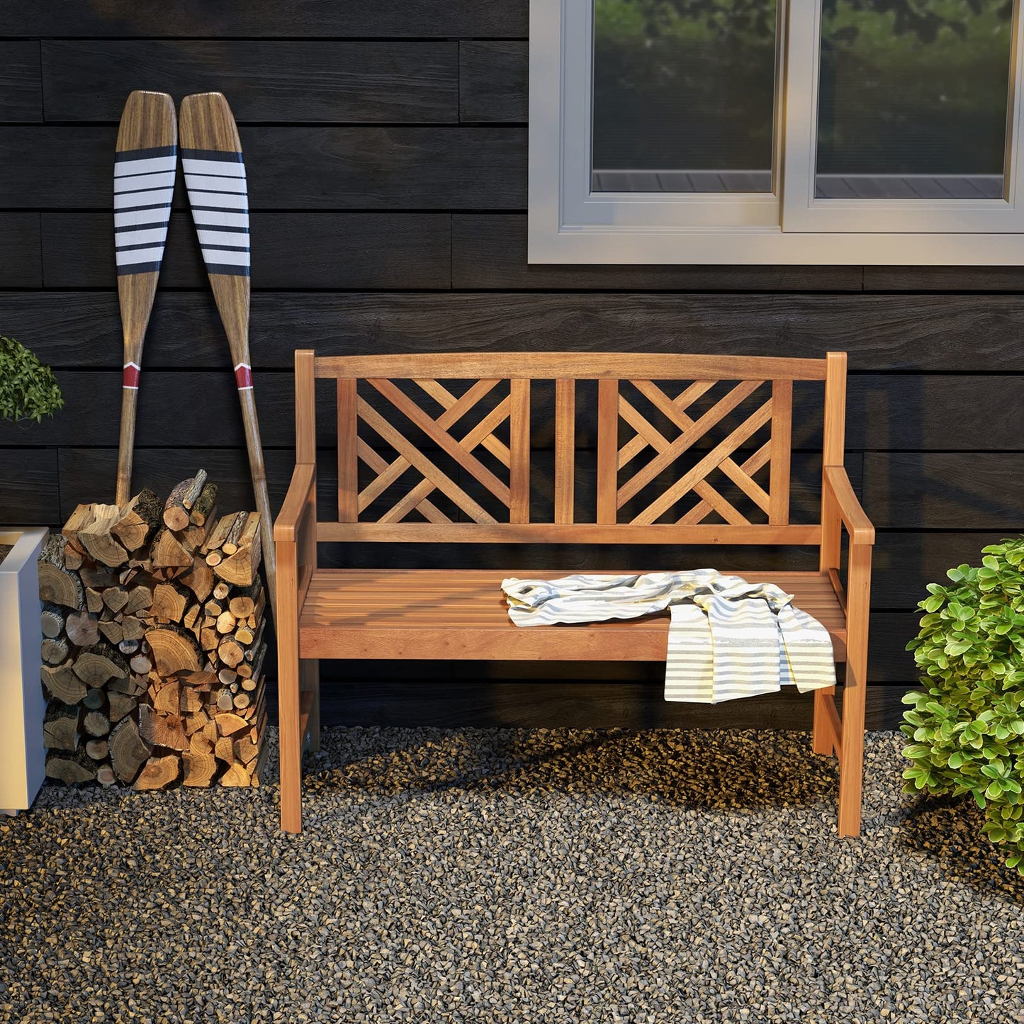 Giantex Outdoor Wooden Garden Bench - 2-Person Acacia Wood Loveseat with Armrests, Backrest, 800lbs Capacity, Patio Park Bench for Backyard, Front Porch Bench (Non-Foldable)