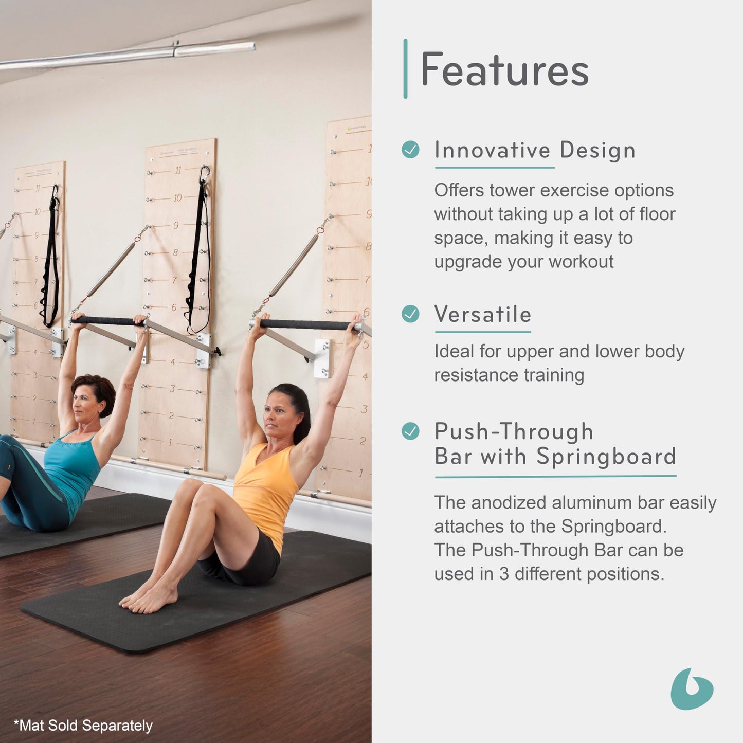 Balanced Body Pilates Springboard and Push-Through Bar, Wall-Mounted Pilates Workout Equipment for Home Gym or Studio Use, Pilates Exercise Equipment with Medium Resistance Springs