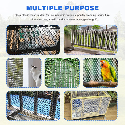 Black Plastic Mesh Netting for Balcony & Deck - 15.7inx32.8ft Pet Safety Fence Guard for Cats & Dogs, Garden Fencing & Poultry Chicken Wire Roll, Easy Cut Animal Barrier with Zip Ties