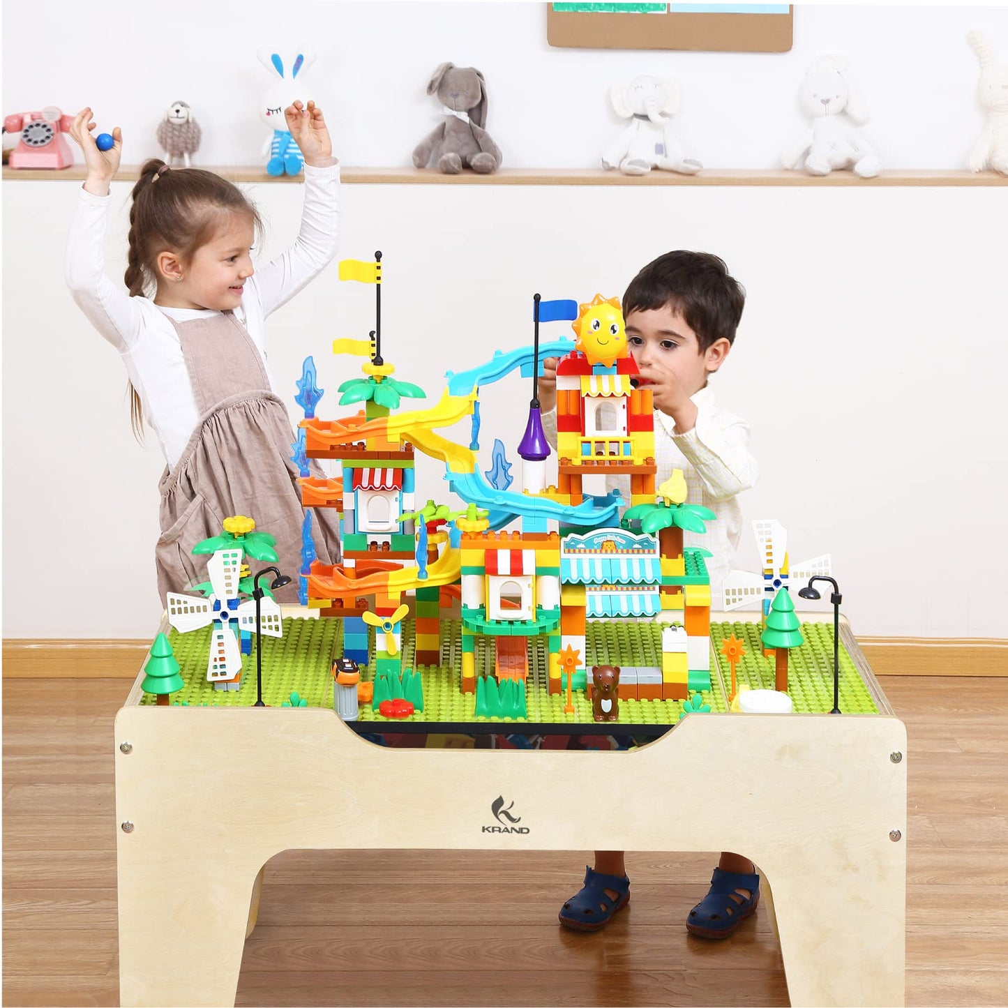 KRAND Kid's All-in-One Activity Play Table with 290 Building Bricks and 30-Piece Wooden Train Set Railway,Cars,Track and Accessories for Toddlers Boys and Girls Children's Toy Playset Game Desk