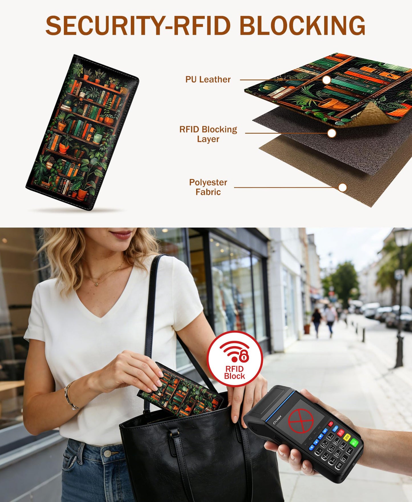Immaturus Womens Wallet, Black Bookshelf Slim Thin RFID Blocking Credit Card Wallets, Long Bifold PU Leather Card Holder Organizer, Cute Cash Clutch Billfold with Zipper Coin Pocket Ladies Girls Gift