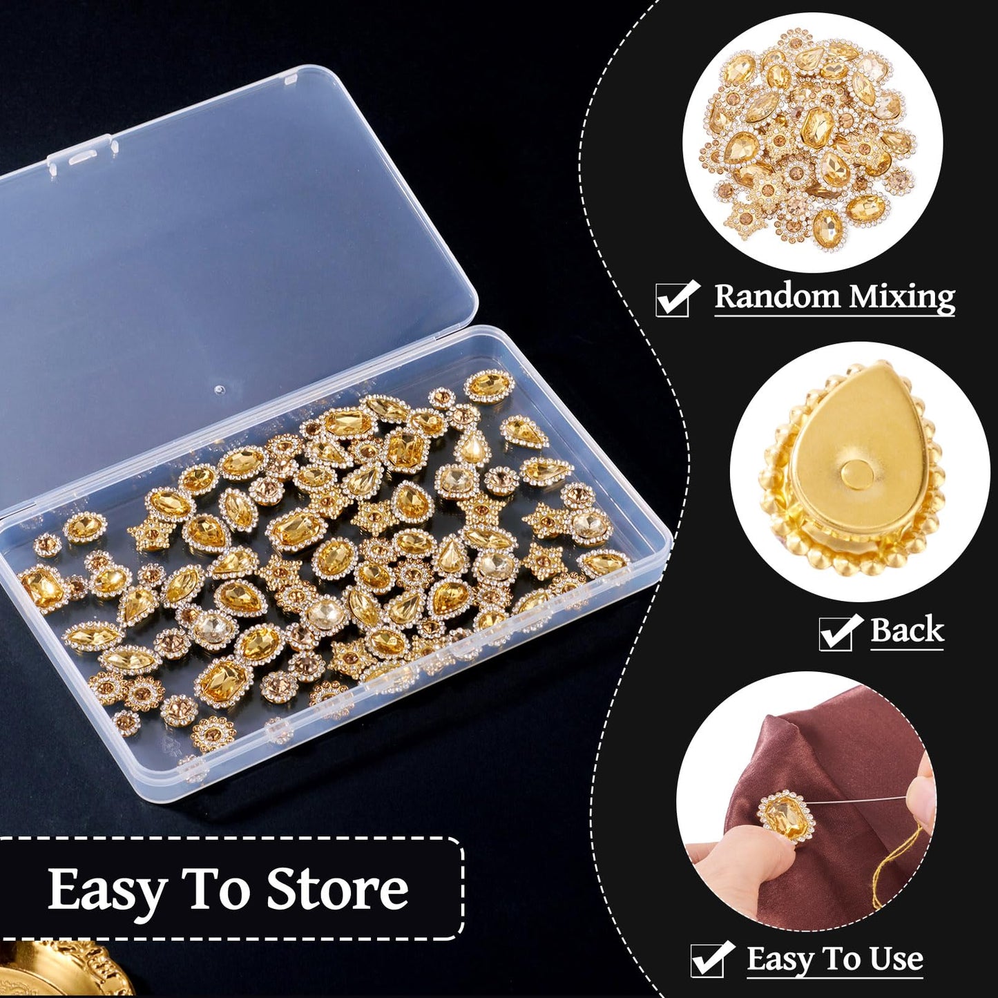 FASHEWELRY 100Pcs Sew on Rhinestones Mixed Shapes Big Rhinestones Bedazzling Flatback Sew on Crystal Gems with Metal Base for DIY Costumes Embellishments (Golden)