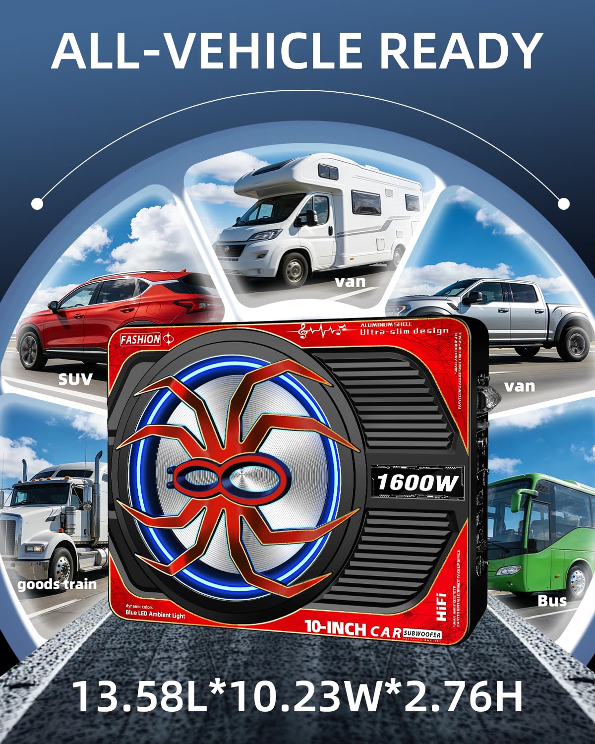 TZGBASS 1600W Slim Underseat Car Subwoofer and Amp Package, Powered Subwoofer with Built-in Class D Amplifier, Blue Ambient Light Switch, Deep Subsonic Bass, Under Seat Subwoofer for Car, Truck & SUV