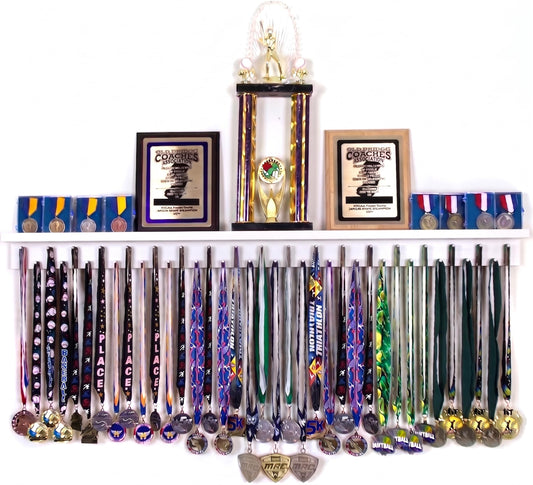 4ft Medal Hanger Display — Trophy Shelf with Hooks for Medals — 48" Solid Wood — Holds 40+ Medals for Running, Gymnastics, Martial Arts, Wrestling, Swimming — White — Medal Awards Rack