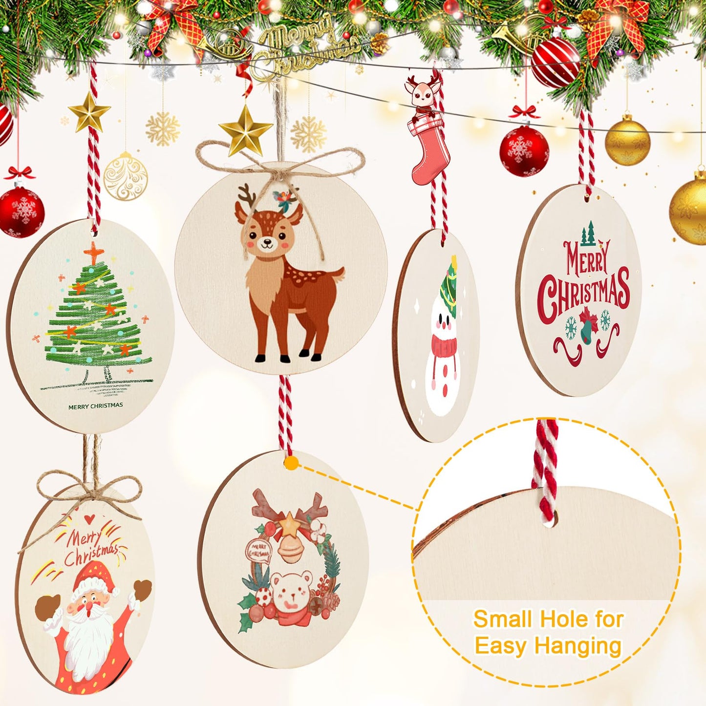Philorn 50pcs Wooden Ornaments for Crafts 3.5" Unfinished DIY Wooden Ornaments, Predrilled Wood Slices Circles for Crafts Paint Holiday Hanging Decorations