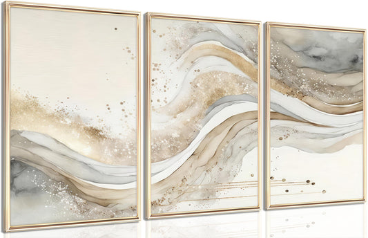 3Pcs Gold Abstract Marble Canvas Wall Art Modern Grey and Gold Fluid Painting Picture Wall Decor neutral Marble Poster Print Artwork for Bedroom Living Room Office Hotel Home Decoration