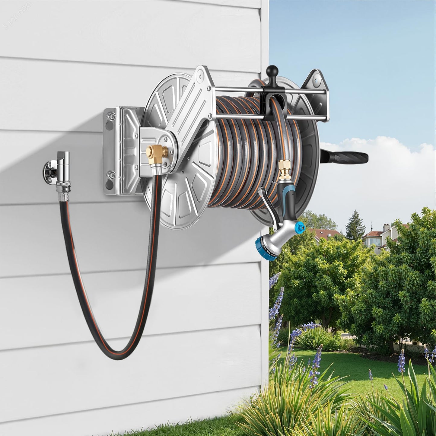 VEVOR Stainless Steel Wall Mounted Garden Hose Reel Heavy Duty, Holds 150 ft 5/8-inch Water Hose Winder, Outdoor Manual Reel with Brass Fitting & 5ft Leader Hose, Space Saving, for Yard Lawn Garage