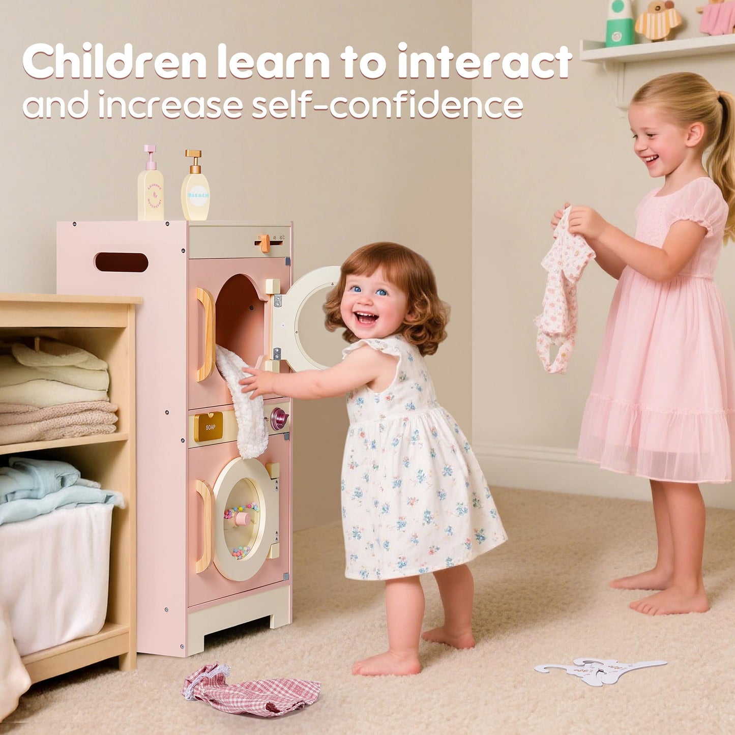 ROBOTIME Kids Washer and Dryer Playset – Wooden Laundry Pretend Play Set with Ironing, Color Beads Drum, Toy Washing Machine & Dryer Set for Toddlers Ages 3+, Gift for Boys and Girls