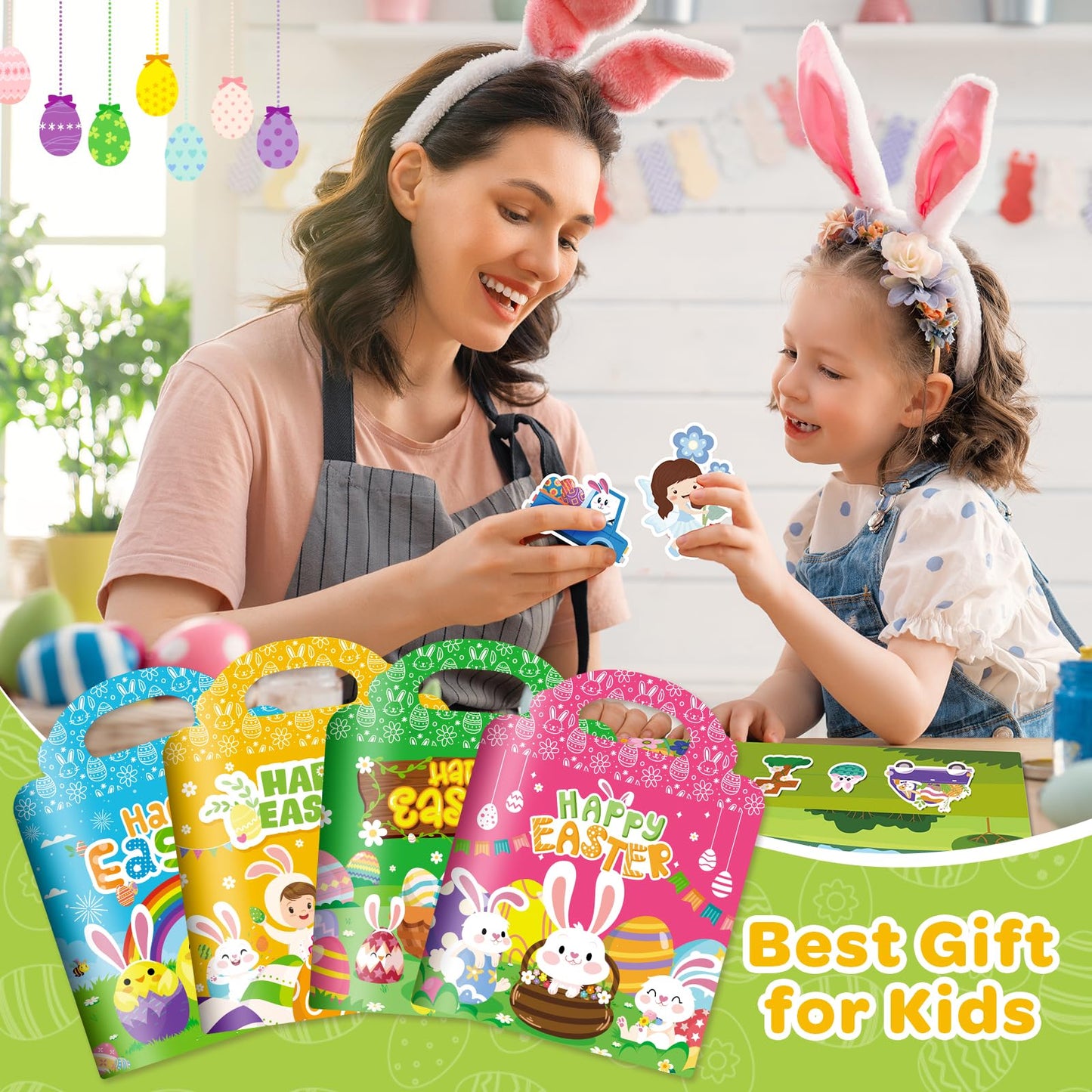 4 Sets Easter Reusable Sticker Books for Toddlers 1-3, Arts Crafts for Toddler 3-5, Activity Books for Kids 2-4, Toddler Toys Holiday Gifts Travel Toys Easter Basket Stuffers for Girls Boys
