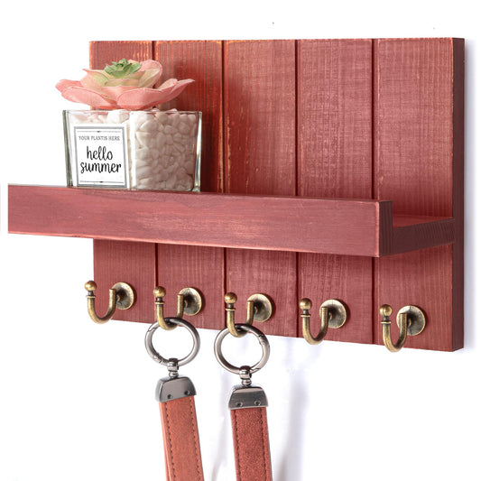 Rebee Vision Pine Wood Key Holder Wall Mount – Rustic Key Holder for Wall with Shelf for Mail & Apartment Essentials – Perfect for Farmhouse Decor (Red,3.54" D x 10" W x 7.28" H)