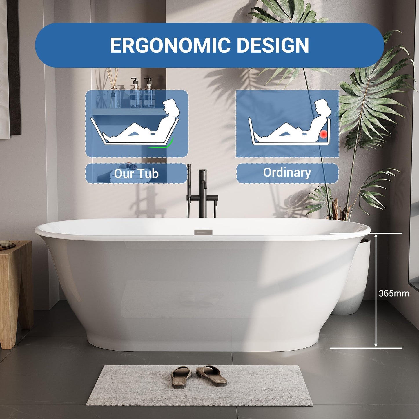 Acrylic Freestanding Bathtub, Stand Alone Tub Bathtubs, Deep Acrylic Soaking, Modern Upright Bathtub with Matte Drain and Black Overflow, Durable Double Wall, Freestanding for Bathroom, 59Inch