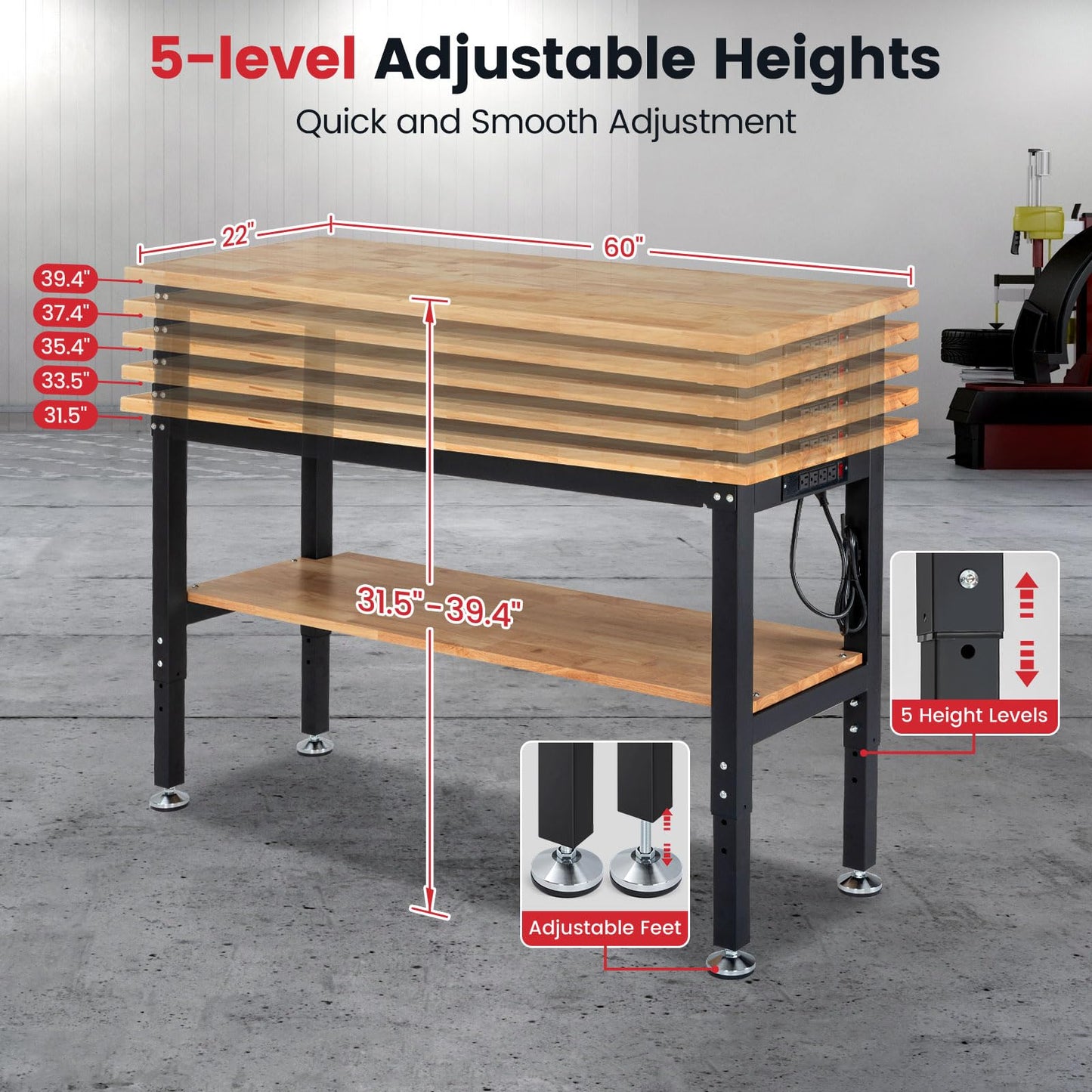 ENJOYWOOD 60" x 22" Heavy Duty Workbench Adjustable Height Garage Work Table with Solid Rubberwood Top, Pegboard & Power Outlets for Workshop, Home & Office