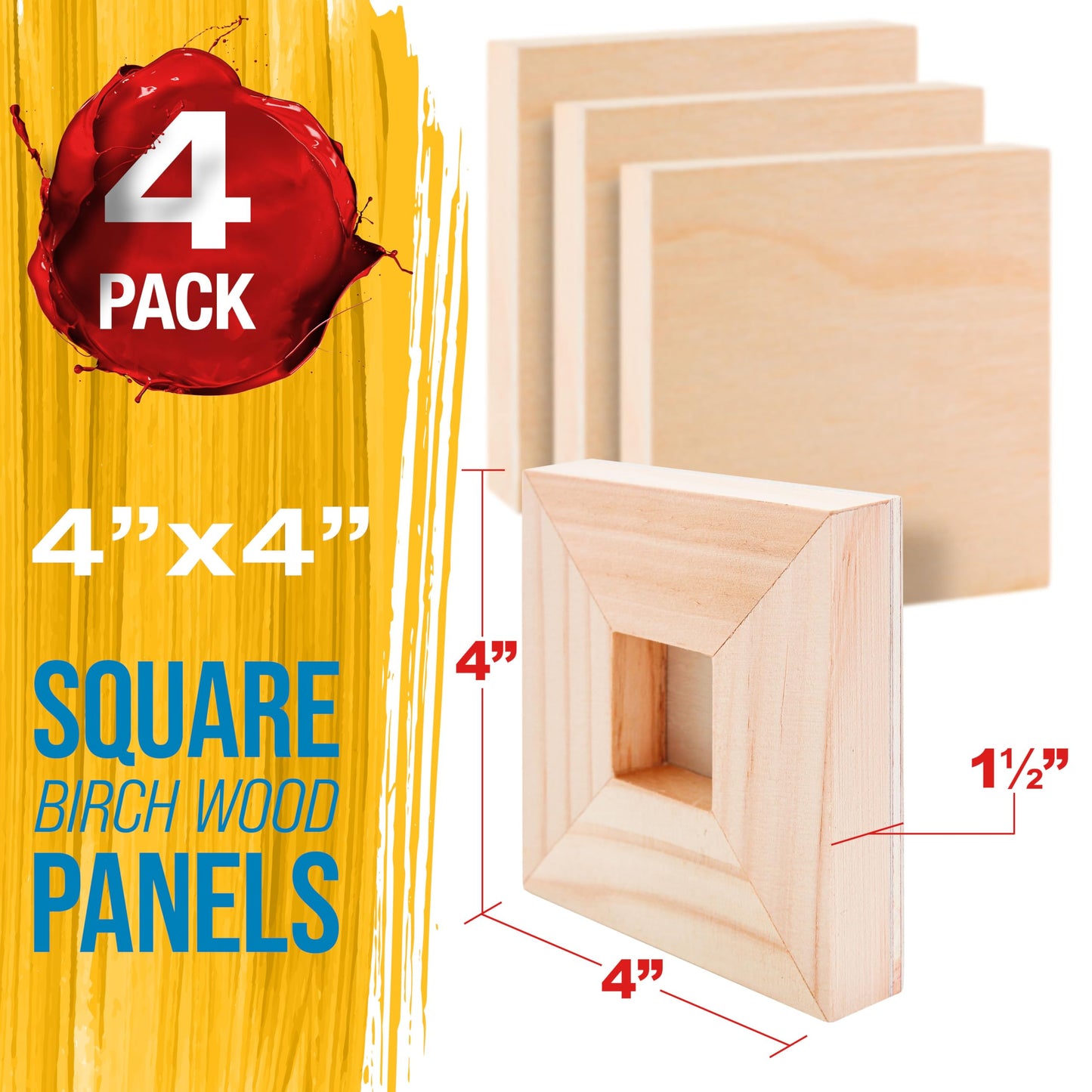 U.S. Art Supply 4" x 4" Unfinished Cradled Wood Panels for Painting, Gallery 1-1/2" Deep (4 Pack) - Artist Depth Birch Wooden Wall Canvases - Mixed-Media Craft, Acrylic, Oil, Encaustic, Paint Pouring