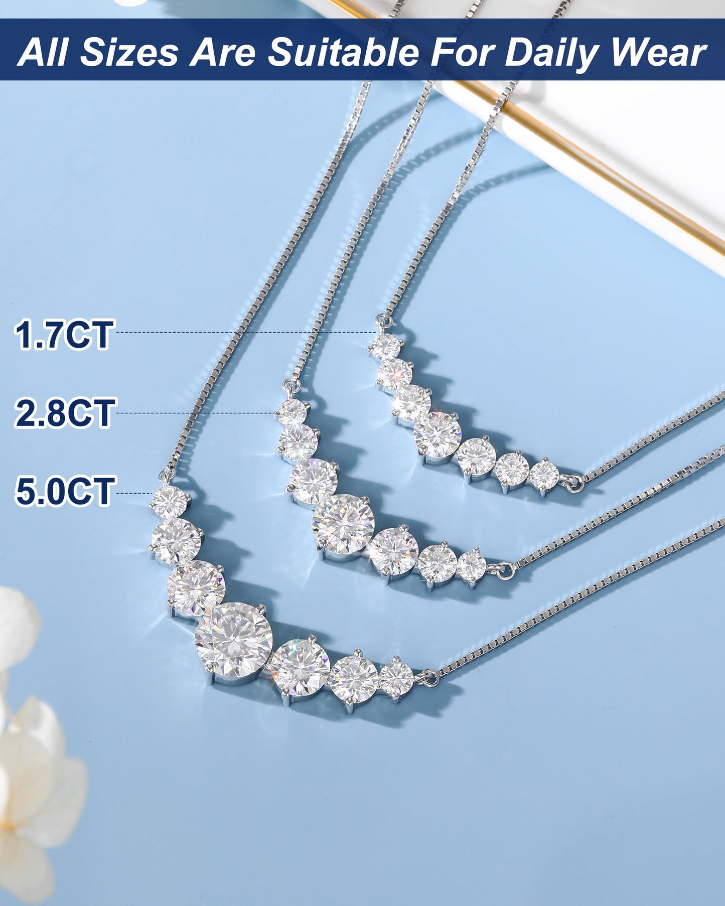 Moissanite Pendant Necklace for Women, 1.7 Carat 7Stones Moissanite Pendant Necklace 18k White Gold Plated Sterling Silver Smile Necklaces 16.5+2.5 inch Adjustable Box Chain Jewelry Gifts for Mom Wife