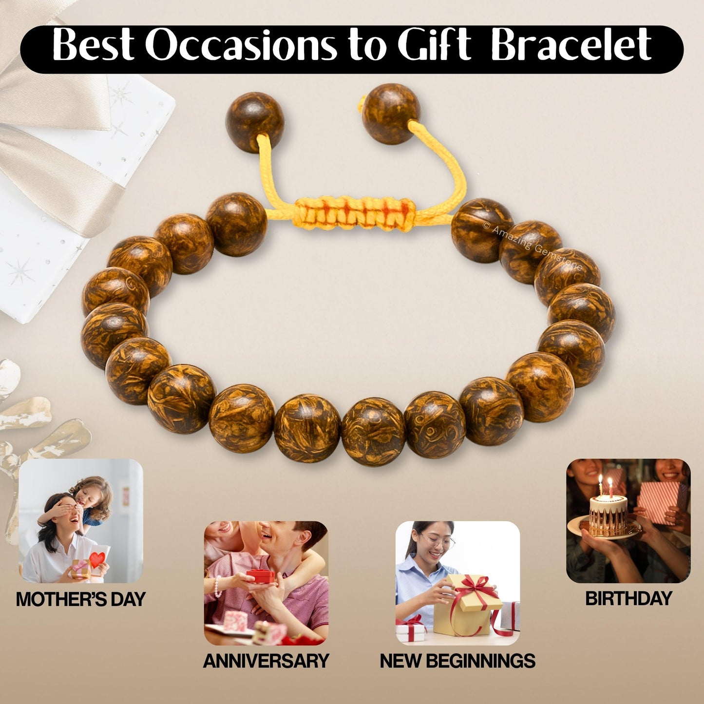 Amazing Gemstone Mariyam Jasper Bracelet for Women Men's Gifts - Protection Healing Crystal Bracelet - 8mm Gemstones Beaded Adjustable Bracelet Pulseras Para Hombres Mujer Stocking Stuffers