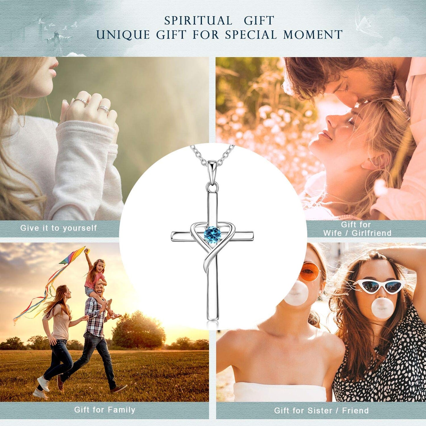 AmorAime 925 Sterling Silver Cross Necklace for Women Men 14K Gold Plated 5A CZ Birthstone Necklaces for Holiday (C.Blue-March)