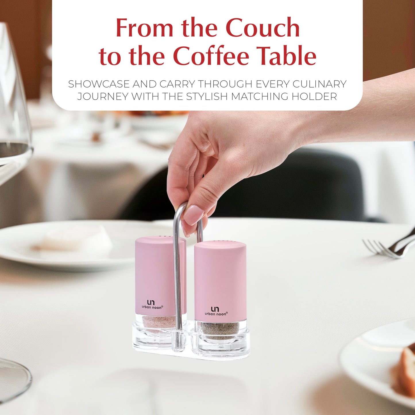 Signature Petal Pink Salt and Pepper Shakers with Holder - Elegant Stainless Steel Salt Shaker and Pepper Shaker Set with Acrylic Holder for Kitchen Counter or Restaurant Table (2-Piece Set)